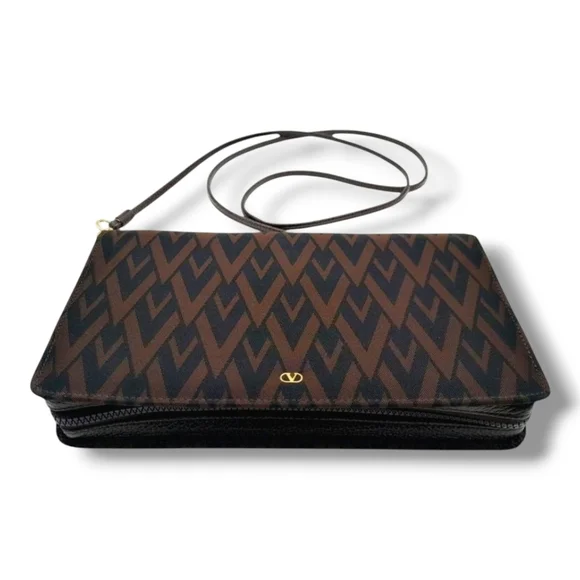 Valentino Garavani Brown Black V Monogram Crossbody Clutch WOC Gold Hardware - Picture 4 of 11